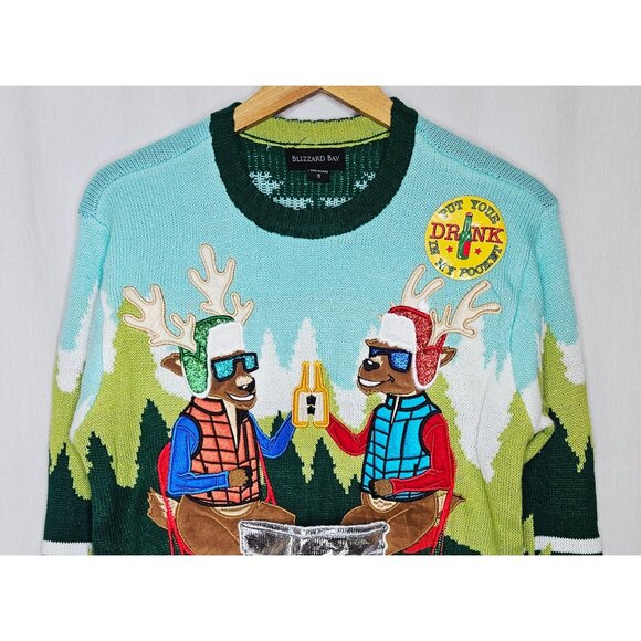 Blizzard Bay Men's Campfire Reindeer Ugly Christmas Sweater Drink Pocket Small - Picture 3 of 7